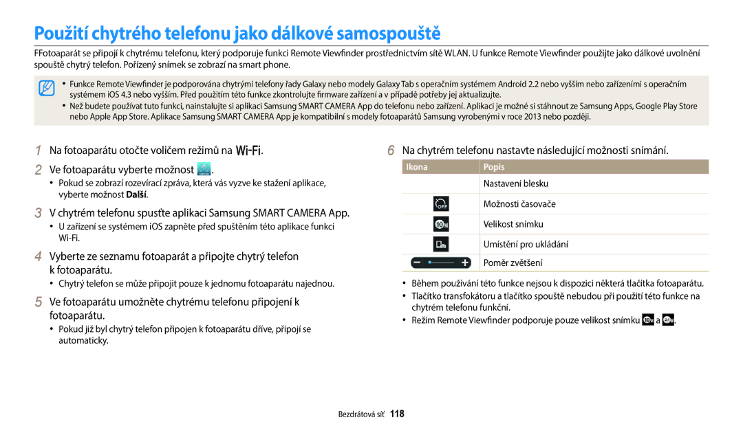 Samsung EC-WB250FFPBE3, EC-WB250FFPWE3, EC-WB250FBPWE3, EC-WB250FBPBE3 Použití chytrého telefonu jako dálkové samospouště 