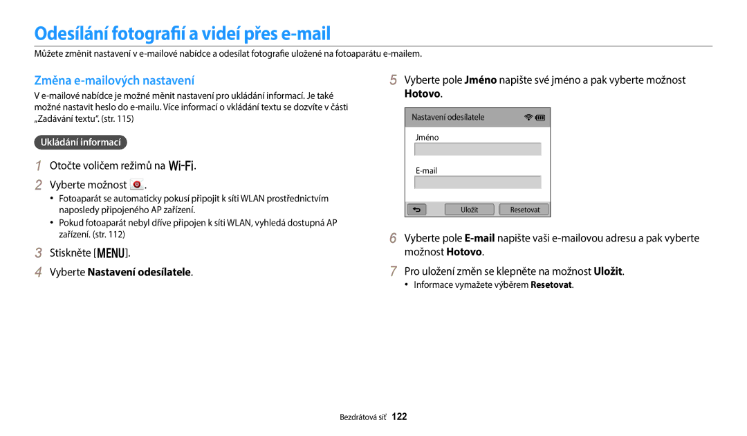 Samsung EC-WB250FFPAE3, EC-WB250FFPWE3 Odesílání fotografií a videí přes e-mail, Vyberte Nastavení odesílatele, Hotovo 