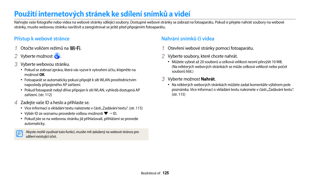 Samsung EC-WB250FFPWE3, EC-WB250FBPWE3 Použití internetových stránek ke sdílení snímků a videí, Přístup k webové stránce 