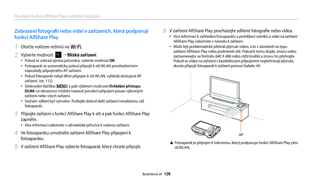 Samsung EC-WB250FBPBE3, EC-WB250FFPWE3, EC-WB250FBPWE3 manual Otočte voličem režimů na w Vyberte možnost “ Blízká zařízení 