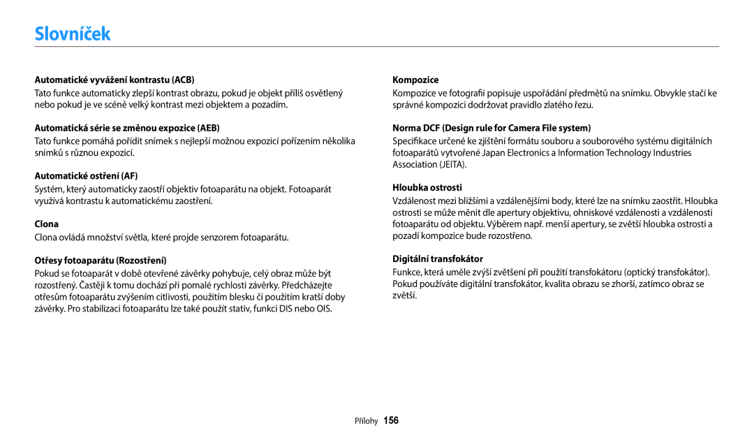 Samsung EC-WB250FBPAE3, EC-WB250FFPWE3, EC-WB250FBPWE3, EC-WB250FFPBE3, EC-WB250FBPBE3, EC-WB250FBPRE3 manual Slovníček 