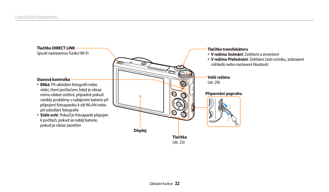 Samsung EC-WB250FBPRE3, EC-WB250FFPWE3 manual Tlačítko Direct Link, Stavová kontrolka, Tlačítko transfokátoru, Volič režimu 