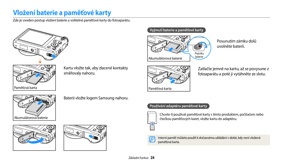 Samsung EC-WB250FFPRE3 manual Vložení baterie a paměťové karty, Posunutím zámku dolů uvolněte baterii, Paměťová karta 