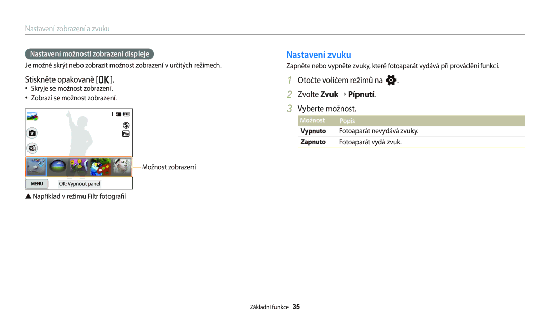 Samsung EC-WB250FFPWE3, EC-WB250FBPWE3 manual Nastavení zvuku, Stiskněte opakovaně o, Zvolte Zvuk “ Pípnutí, Vyberte možnost 