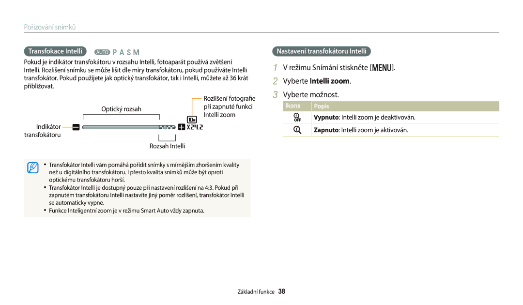 Samsung EC-WB250FBPBE3 manual Vyberte Intelli zoom, Transfokace Intelli T p a h M, Nastavení transfokátoru Intelli 