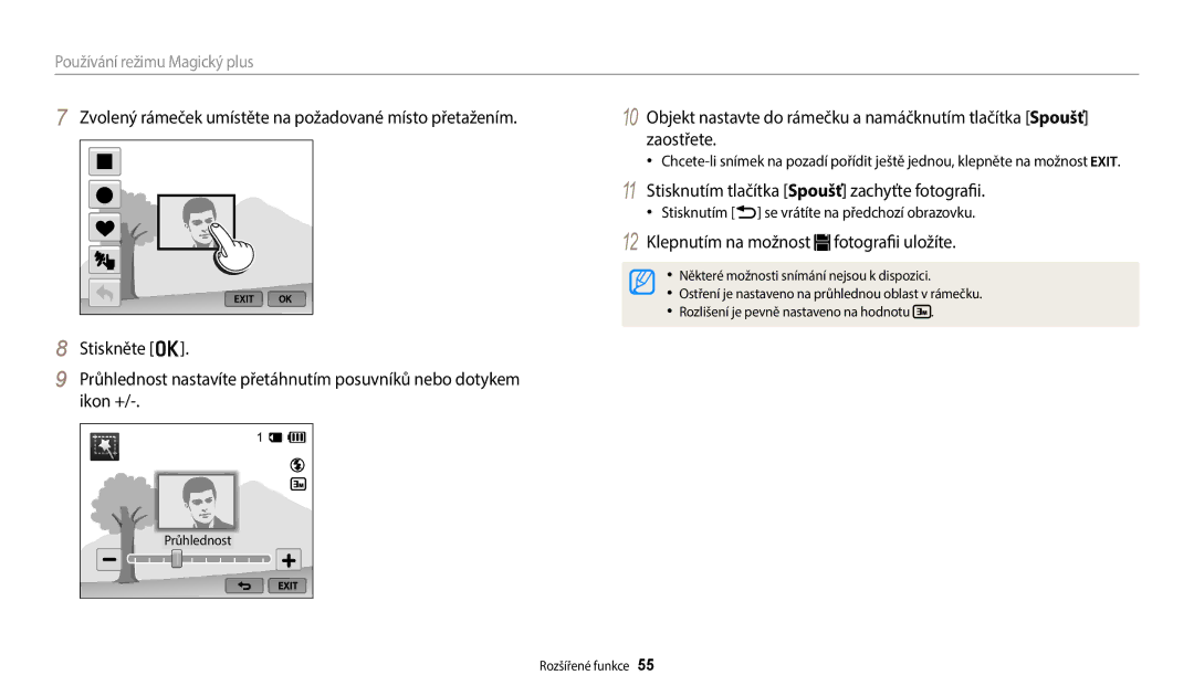 Samsung EC-WB250FFPBE3 Stisknutím tlačítka Spoušť zachyťte fotografii, Stisknutím b se vrátíte na předchozí obrazovku 