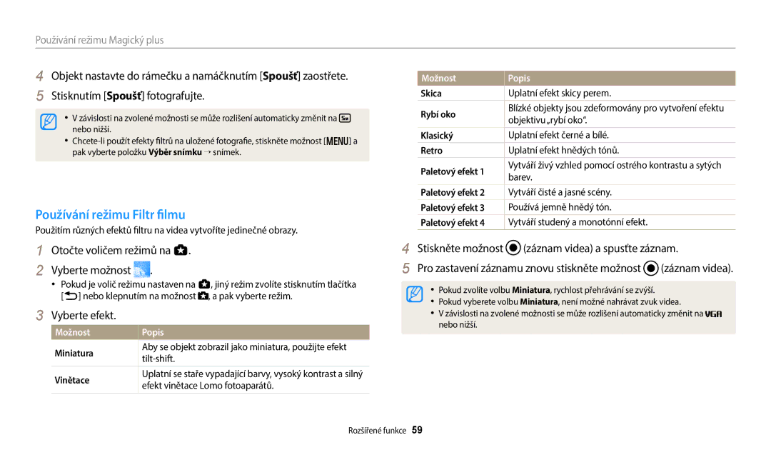 Samsung EC-WB250FFPAE3, EC-WB250FFPWE3 manual Používání režimu Filtr filmu, Stiskněte možnost záznam videa a spusťte záznam 