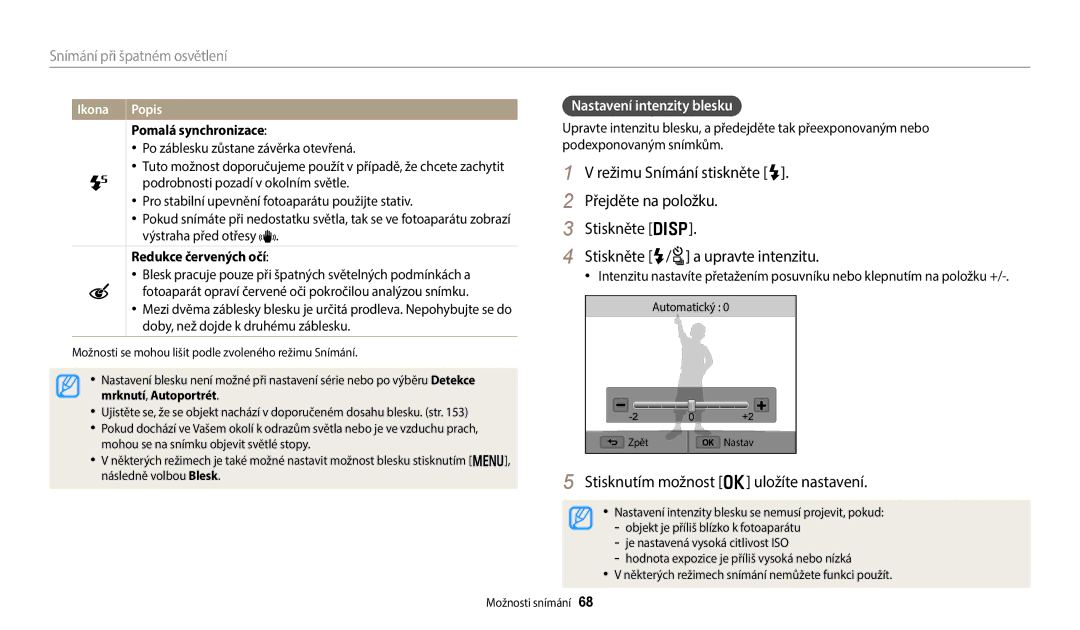 Samsung EC-WB250FFPAE3, EC-WB250FFPWE3 manual Nastavení intenzity blesku, Pomalá synchronizace, Redukce červených očí 