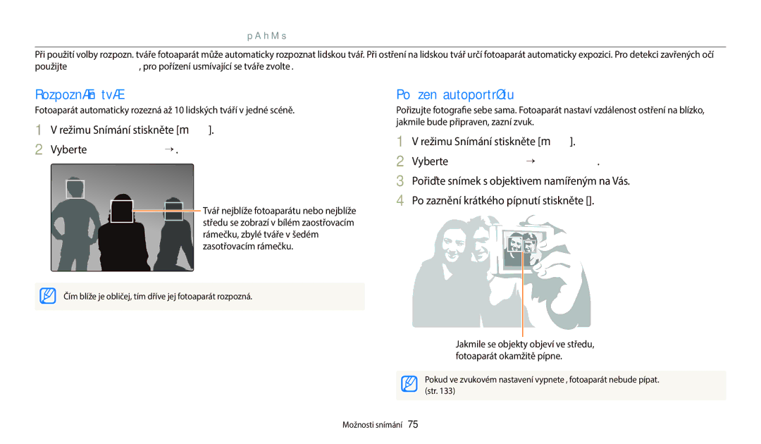 Samsung EC-WB250FBPAE3, EC-WB250FFPWE3 manual Používání Rozpozn. tváře p a h M s, Rozpoznání tváří, Pořízení autoportrétu 