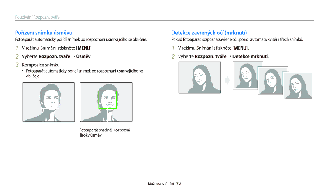 Samsung EC-WB250FBPRE3 manual Pořízení snímku úsměvu, Detekce zavřených očí mrknutí, Vyberte Rozpozn. tváře “ Úsměv 