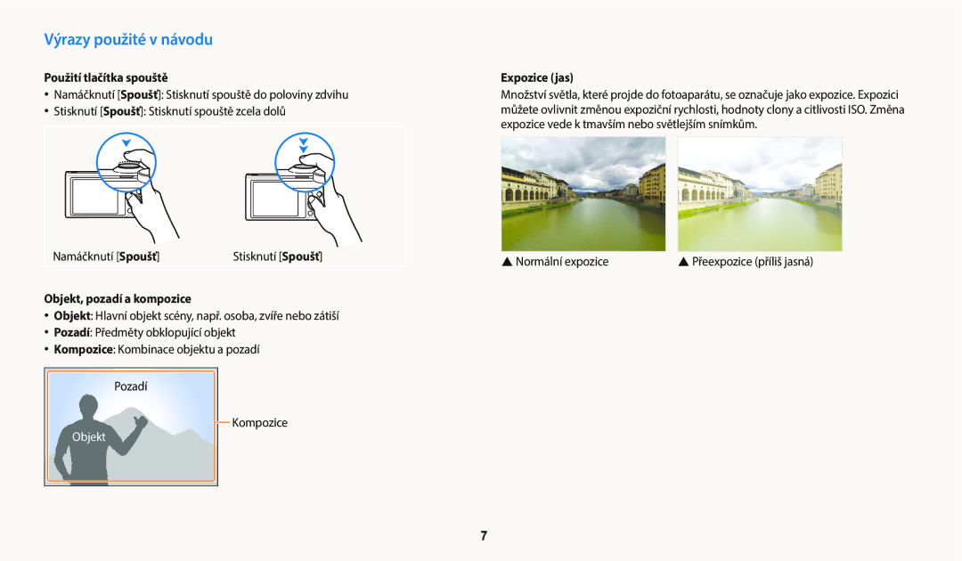 Samsung EC-WB252FBDBE3 manual Výrazy použité v návodu, Použití tlačítka spouště, Objekt, pozadí a kompozice, Expozice jas 