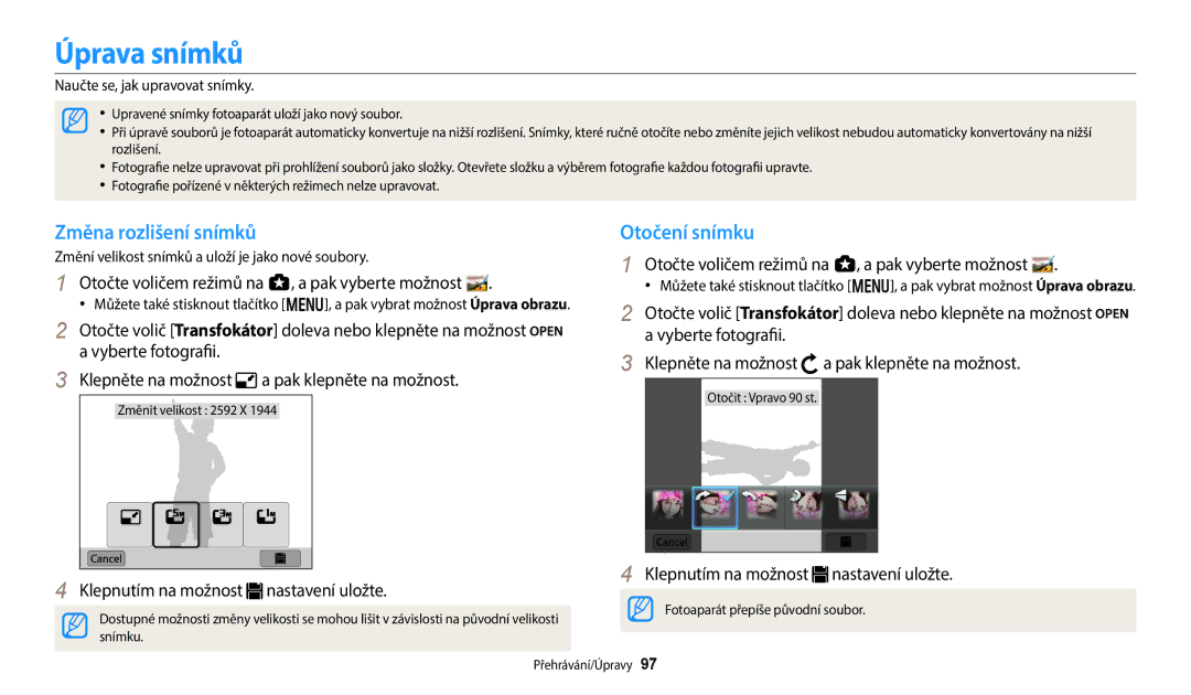 Samsung EC-WB252FBDBE3 manual Úprava snímků, Změna rozlišení snímků, Otočení snímku, Klepnutím na možnost nastavení uložte 