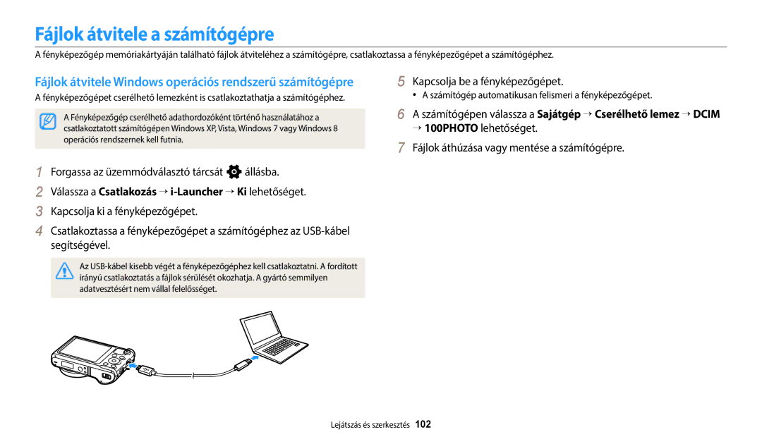 Samsung EC-WB251FBPBE2 Fájlok átvitele a számítógépre, “ 100PHOTO lehetőséget, Fájlok áthúzása vagy mentése a számítógépre 