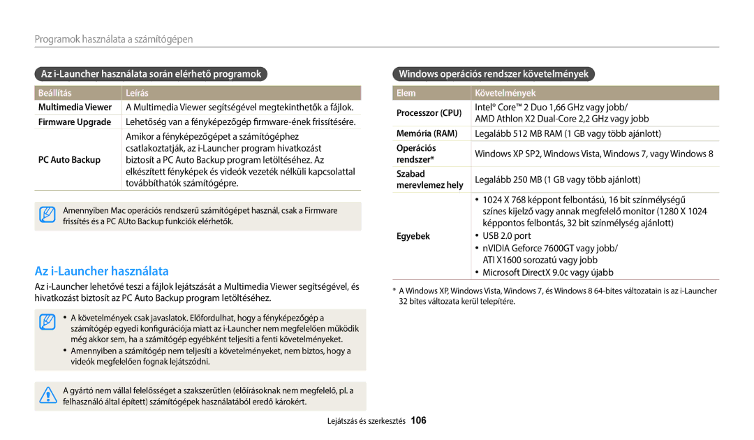 Samsung EC-WB250FBPBE3 Az i-Launcher használata során elérhető programok, Windows operációs rendszer követelmények 