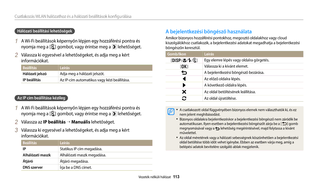 Samsung EC-WB250FBPWE2 manual Bejelentkezési böngésző használata, Információkat, Hálózati beállítási lehetőségek, Gomb/Ikon 