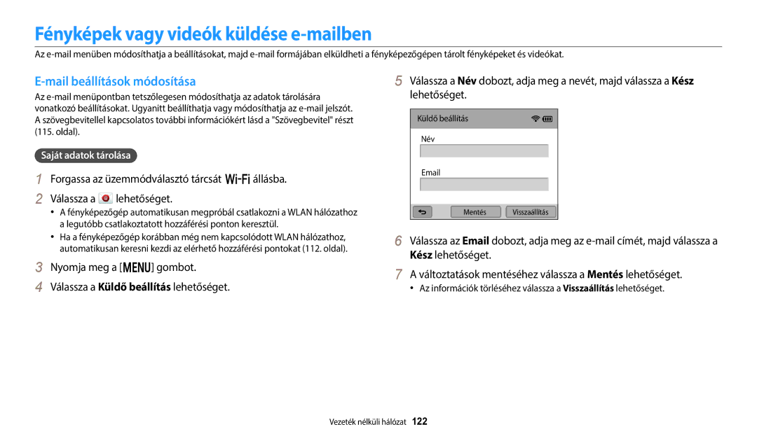 Samsung EC-WB250FFPAE3 manual Fényképek vagy videók küldése e-mailben, Mail beállítások módosítása, Saját adatok tárolása 