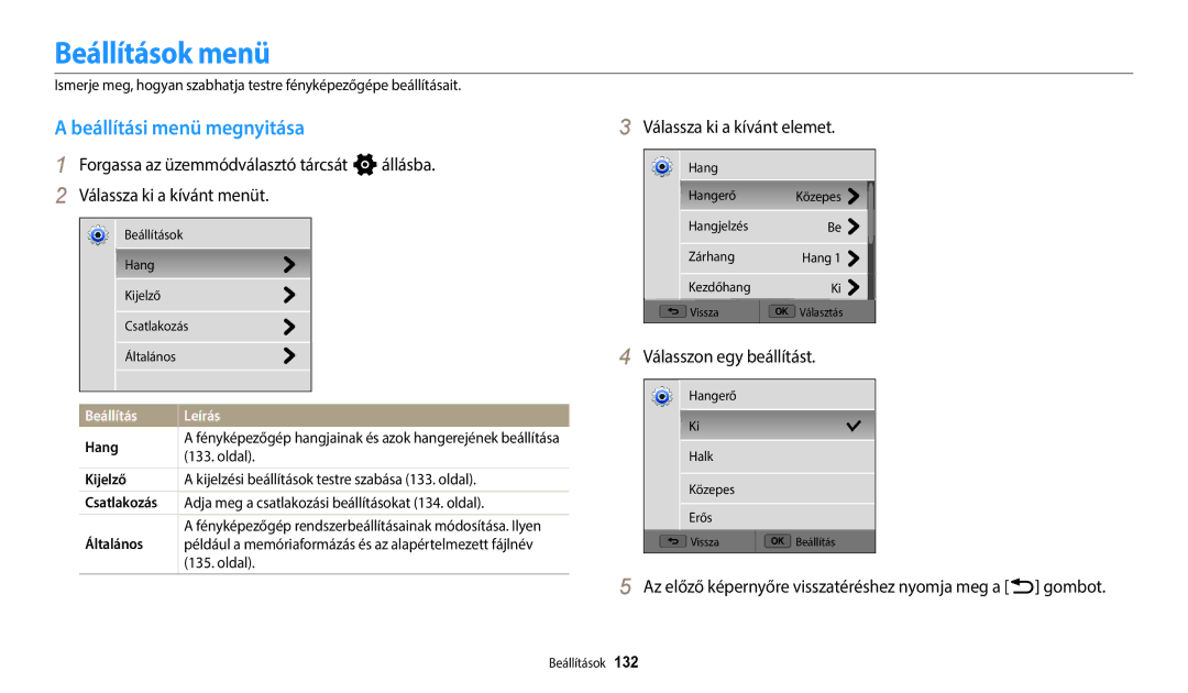 Samsung EC-WB250FBPBE3, EC-WB250FFPWE3 manual Beállítások menü, Beállítási menü megnyitása, Válassza ki a kívánt elemet 