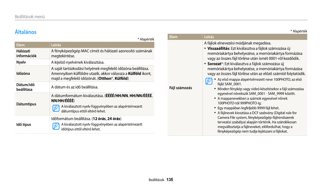 Samsung EC-WB250FFPAE3, EC-WB250FFPWE3, EC-WB250FBPWE3, EC-WB250FFPBE3, EC-WB250FBPBE3, EC-WB250FBPAE3 manual Általános 