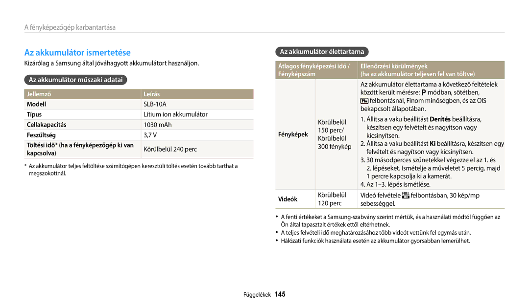 Samsung EC-WB250FBPBE3 manual Az akkumulátor ismertetése, Az akkumulátor műszaki adatai, Az akkumulátor élettartama 