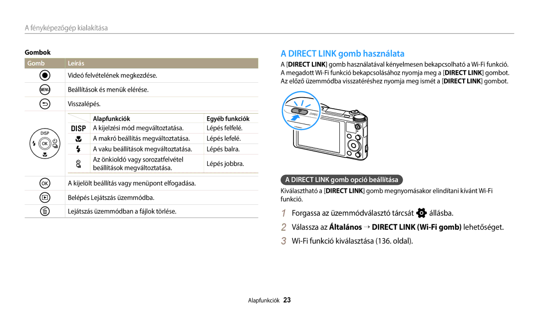 Samsung EC-WB250FFPBE2 manual Direct Link gomb használata, Forgassa az üzemmódválasztó tárcsát n állásba, Gomb Leírás 