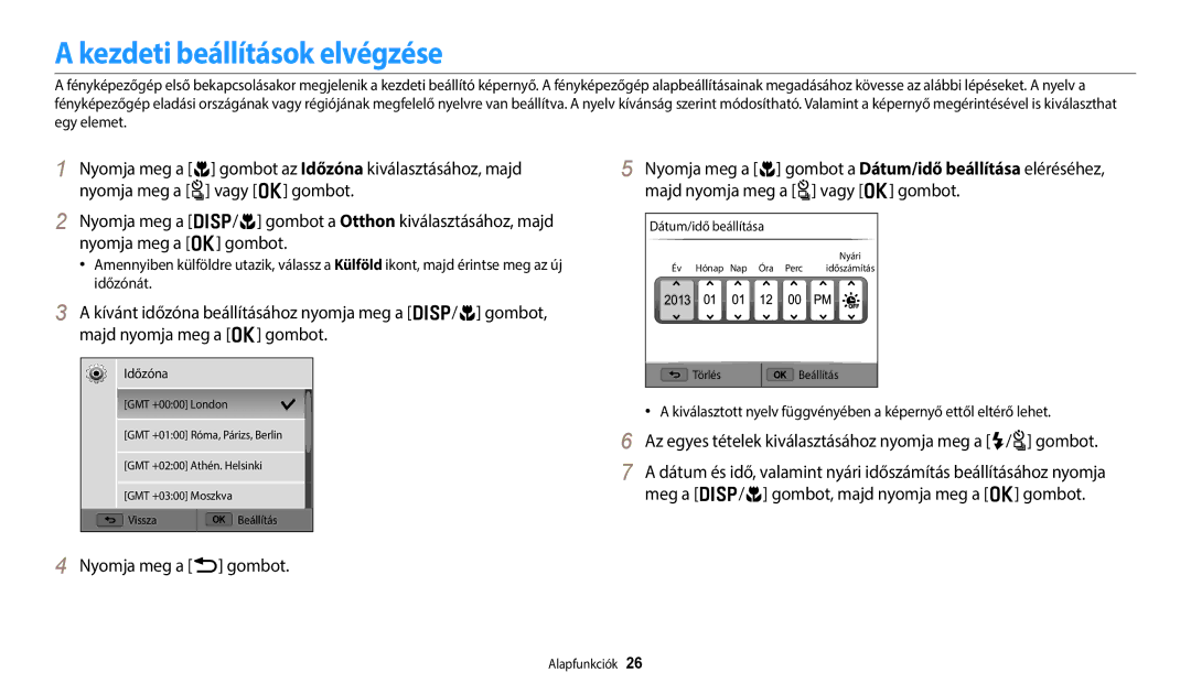 Samsung EC-WB250FBPWE3 Kezdeti beállítások elvégzése, Az egyes tételek kiválasztásához nyomja meg a F/t gombot, Időzóna 