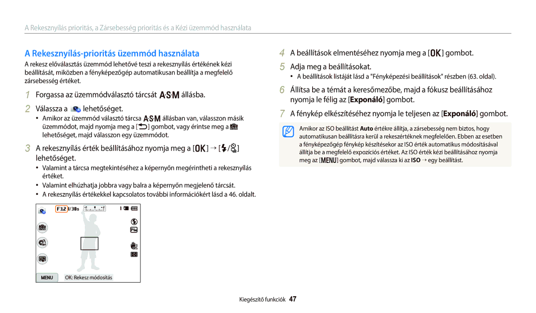 Samsung EC-WB250FBPBE2, EC-WB250FFPWE3, EC-WB250FBPWE3, EC-WB250FFPBE3 manual Rekesznyílás-prioritás üzemmód használata 