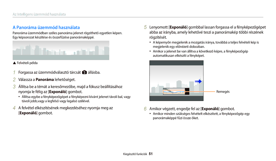 Samsung EC-WB250FFPWE3 manual Panoráma üzemmód használata, Amikor végzett, engedje fel az Exponáló gombot, Felvételi példa 