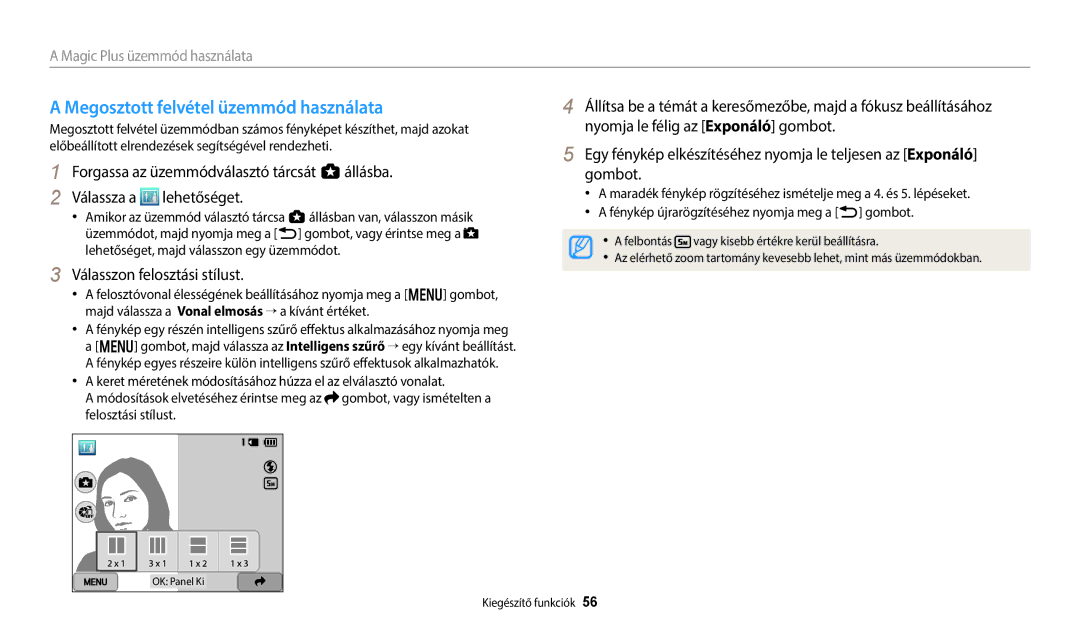 Samsung EC-WB250FBPRE3, EC-WB250FFPWE3, EC-WB250FBPWE3 Megosztott felvétel üzemmód használata, Válasszon felosztási stílust 