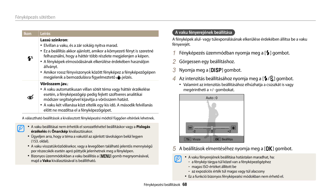 Samsung EC-WB250FBPAE3, EC-WB250FFPWE3, EC-WB250FBPWE3 manual Vaku fényerejének beállítása, Lassú szinkron, Vörösszem jav 