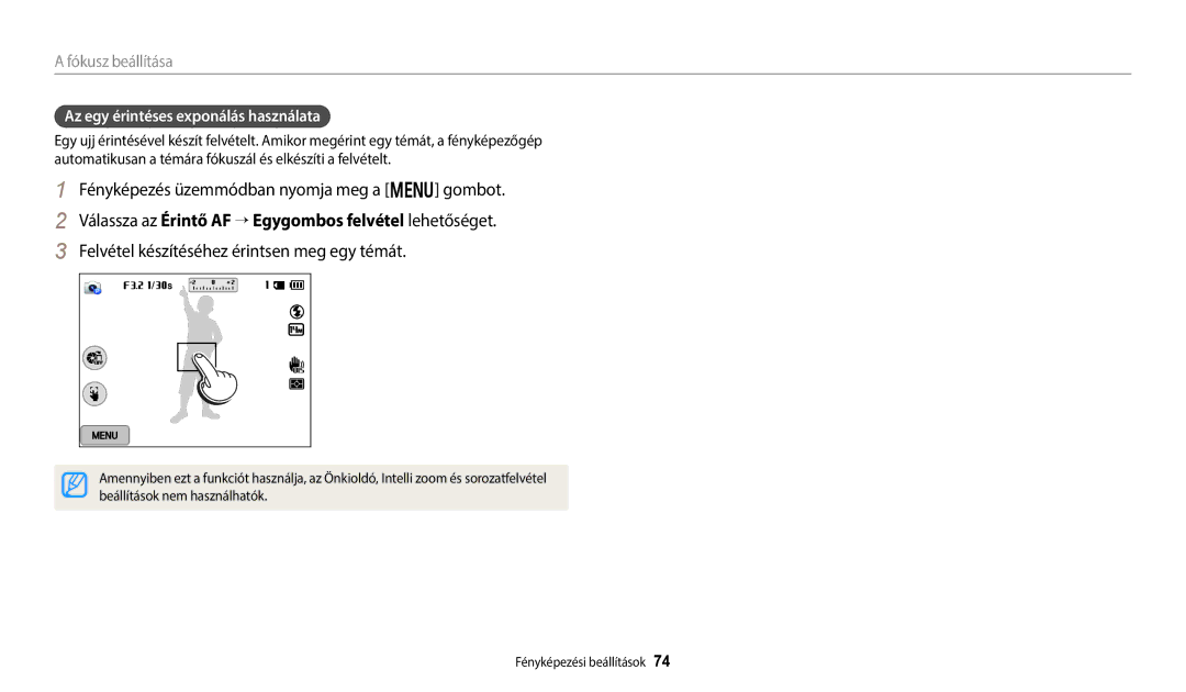 Samsung EC-WB250FBPWE2 manual Fényképezés üzemmódban nyomja meg a m gombot, Felvétel készítéséhez érintsen meg egy témát 