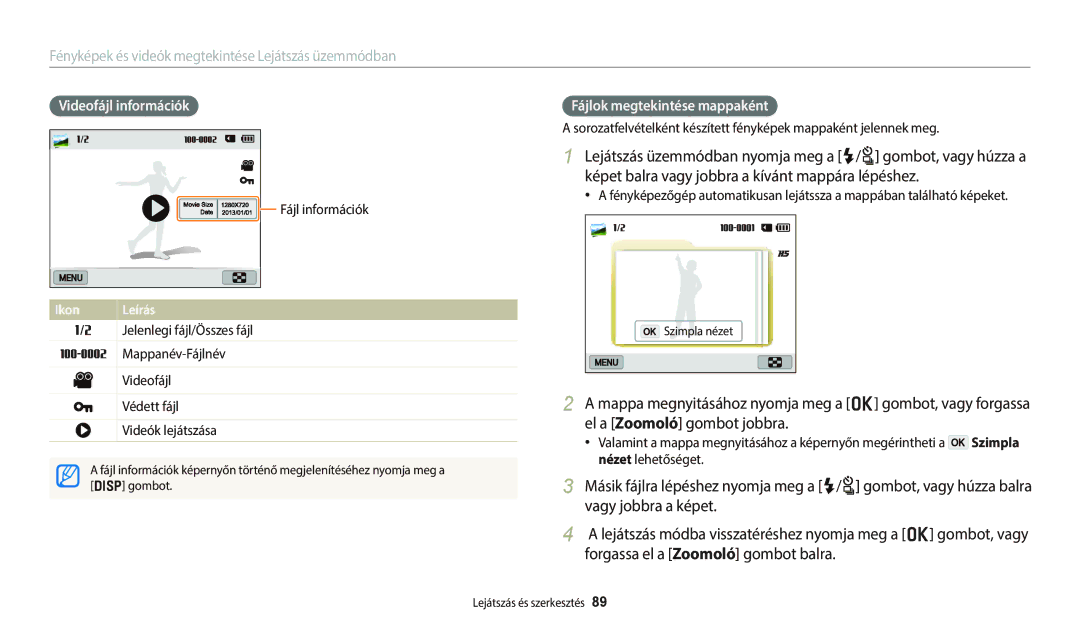 Samsung EC-WB251FBPBE2 manual Videofájl információk, Fájlok megtekintése mappaként, Fájl információk, Szimpla nézet 