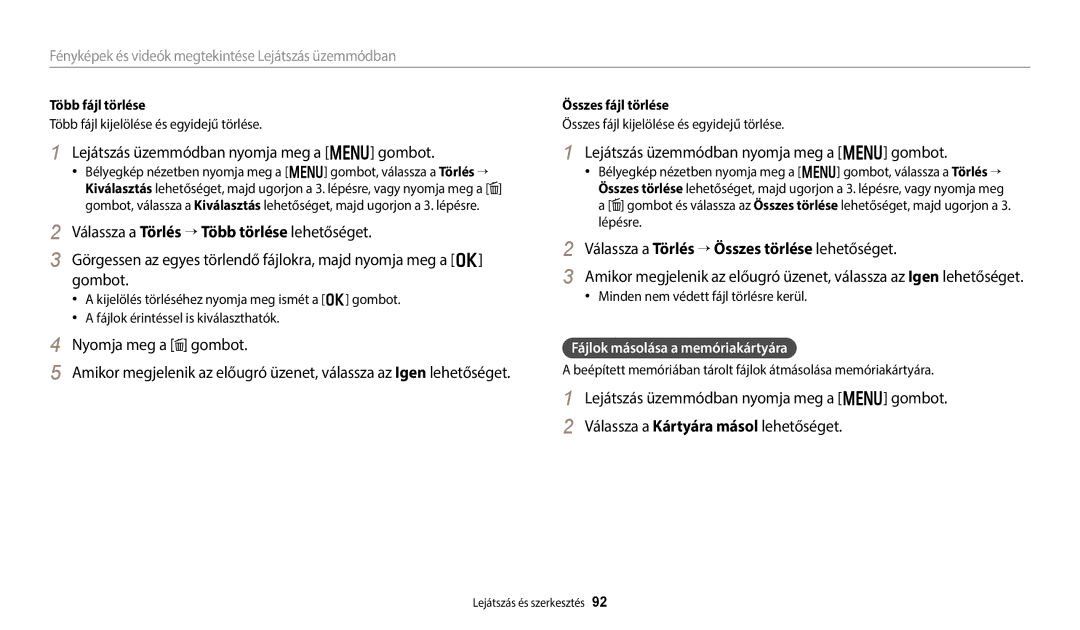 Samsung EC-WB250FFPBE3 Lejátszás üzemmódban nyomja meg a m gombot, Nyomja meg a gombot, Fájlok másolása a memóriakártyára 