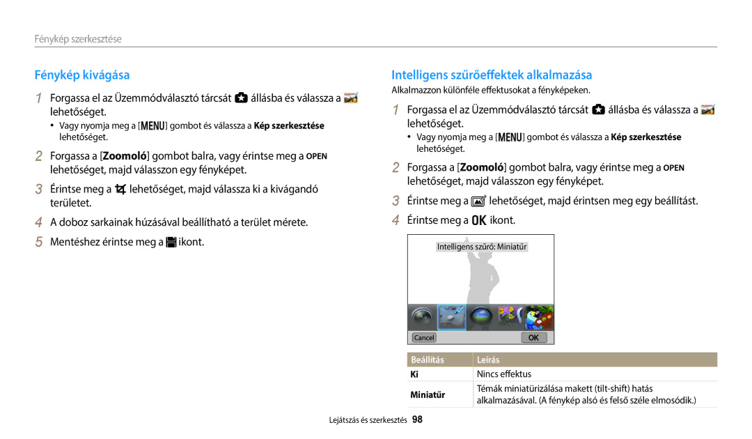 Samsung EC-WB252FBDBE3, EC-WB250FFPWE3 manual Fénykép kivágása, Intelligens szűrőeffektek alkalmazása, Nincs effektus 