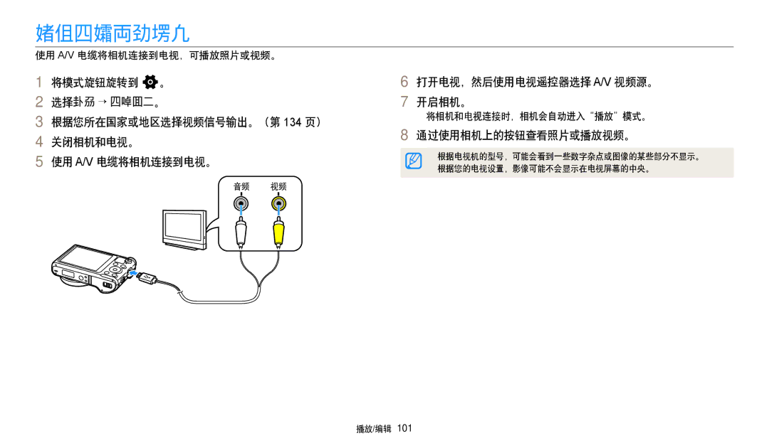 Samsung EC-WB250FFPBE2 manual 在电视中查看文件, 打开电视，然后使用电视遥控器选择 A/V 视频源。 开启相机。, 通过使用相机上的按钮查看照片或播放视频。, 使用 A/V 电缆将相机连接到电视，可播放照片或视频。 