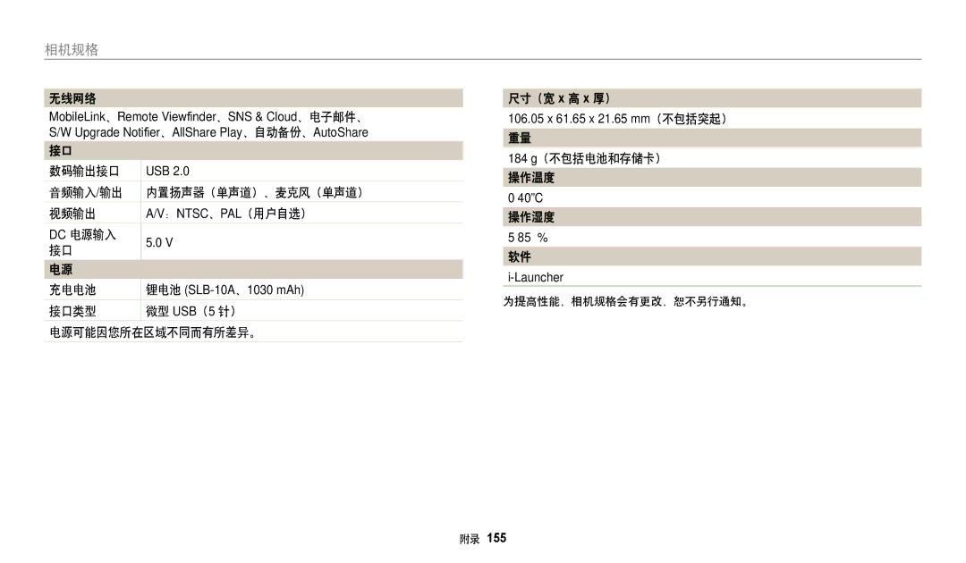 Samsung EC-WB250FFPWE3, EC-WB250FBPWE3 无线网络, 数码输出接口, 音频输入/输出 内置扬声器（单声道）、麦克风（单声道） 视频输出, Dc 电源输入 充电电池, 操作湿度, 软件 i-Launcher 