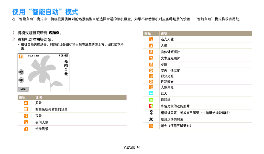 Samsung EC-WB250FBPRE3, EC-WB250FFPWE3, EC-WB250FBPWE3, EC-WB250FFPBE3, EC-WB250FBPBE3 manual 使用智能自动模式, 将模式旋钮旋转到 T。 将相机对准拍摄对象。 