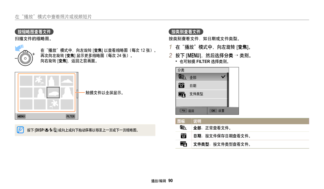 Samsung EC-WB250FFPWE3, EC-WB250FBPWE3, EC-WB250FFPBE3, EC-WB250FBPBE3 在播放模式中，向左旋转 变焦。 按下 m，然后选择分类 → 类别。, 按缩略图查看文件, 按类别查看文件 