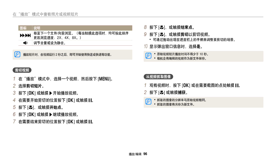 Samsung EC-WB250FFPAE3, EC-WB250FFPWE3 manual 10 显示弹出窗口信息时，选择是。, 观看视频时，按下 o 或在需要截图的点处触摸 。 按下 c 或触摸捕获。, 剪切视频, 从视频抓取图像 