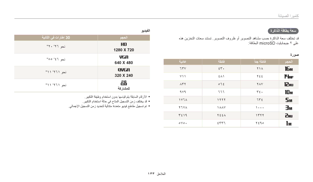 Samsung EC-WB30FZBDBSA, EC-WB30FZBDRSA, EC-WB30FZBDWSA manual ةركاذلا ةقاطب ةعس, ةيناثلا يف تاراطإ, مجحلا 