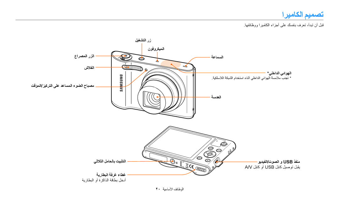 Samsung EC-WB30FZBDRSA اريماكلا ميمصت, اهفئاظوو اريماكلا ءازجأ ىلع كسفنب فرعت ،أدبت نأ لبق, لباك وأ Usb لباك ليصوت لبقي 