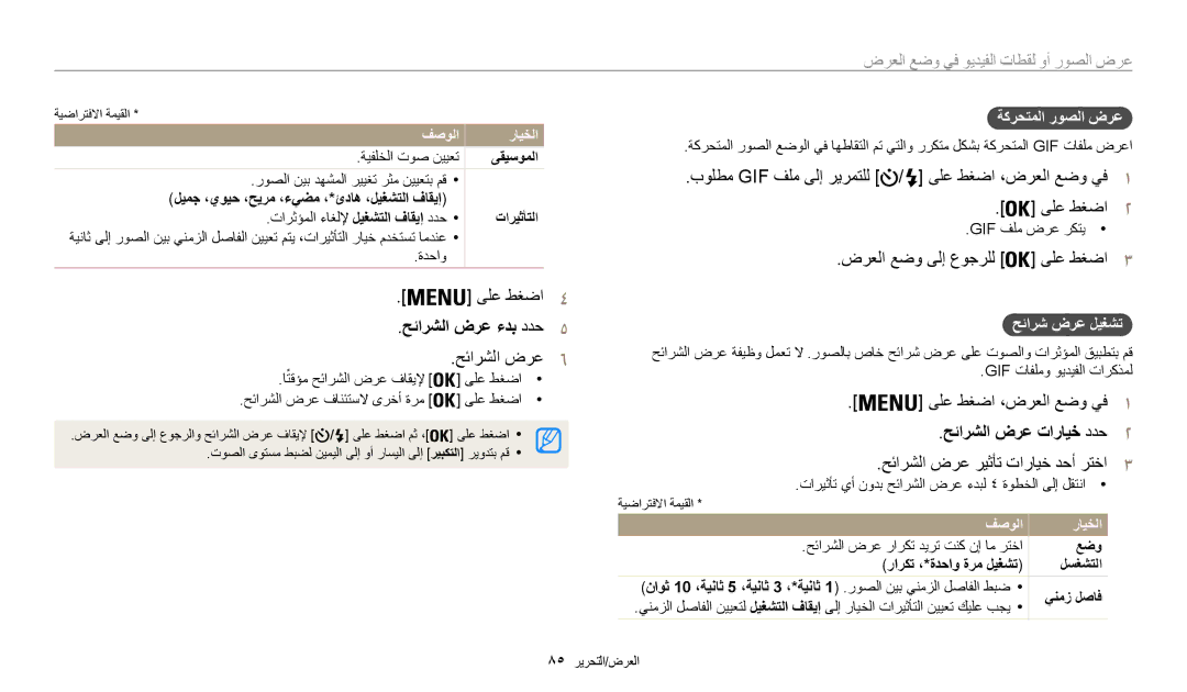 Samsung EC-WB30FZBDBSA, EC-WB30FZBDRSA manual حئارشلا ضرع ءدب ددح5, حئارشلا ضرع6, ةكرحتملا روصلا ضرع, حئارش ضرع ليغشت 