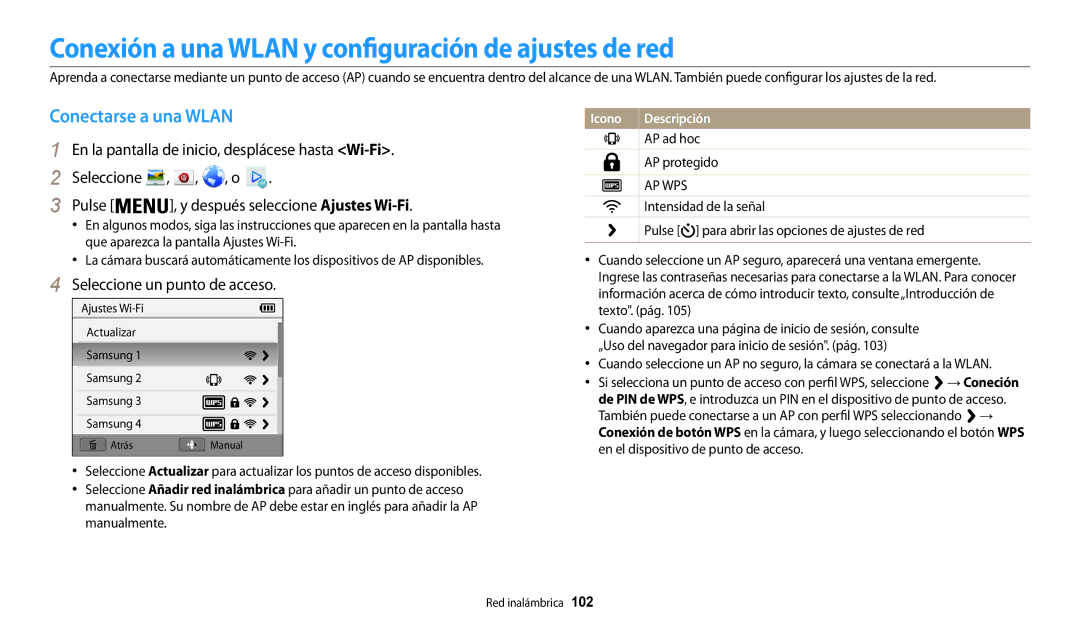 Samsung EC-WB30FZBPRIL, EC-WB30FZBPBE1 manual Conexión a una Wlan y configuración de ajustes de red, Conectarse a una Wlan 