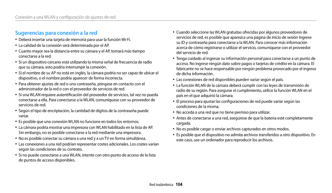 Samsung EC-WB31FZBPLE1, EC-WB30FZBPBE1, EC-WB30FZBPWE1, EC-WB30FZBPRE1, EC-WB30FZBPLIL Sugerencias para conexión a la red 