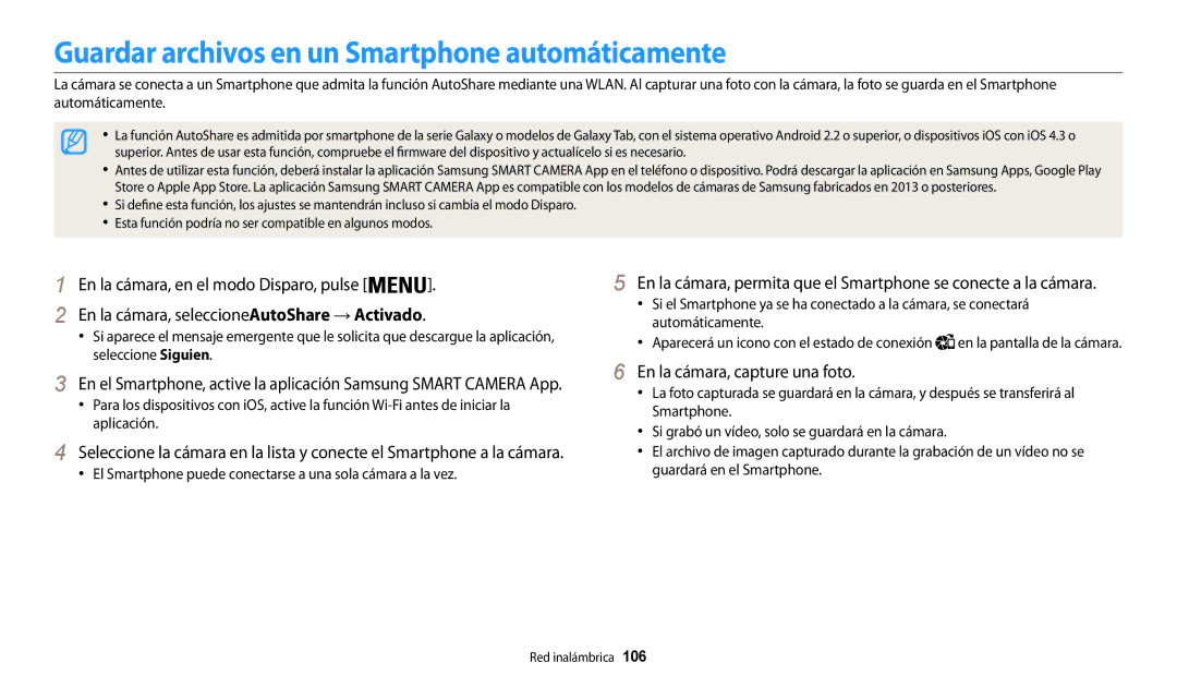 Samsung EC-WB30FZBPPIL Guardar archivos en un Smartphone automáticamente, En la cámara, seleccioneAutoShare → Activado 