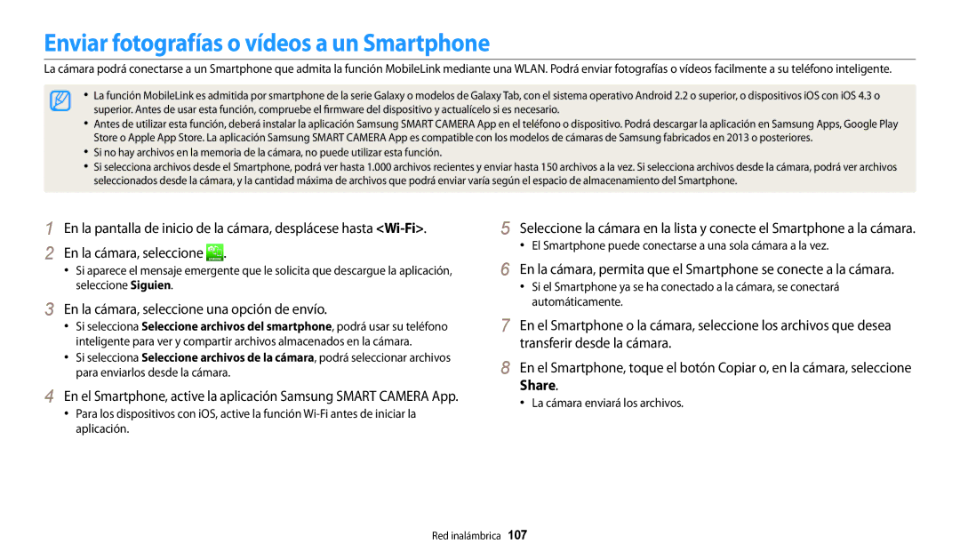 Samsung EC-WB30FZBPBE1 manual Enviar fotografías o vídeos a un Smartphone, En la cámara, seleccione una opción de envío 