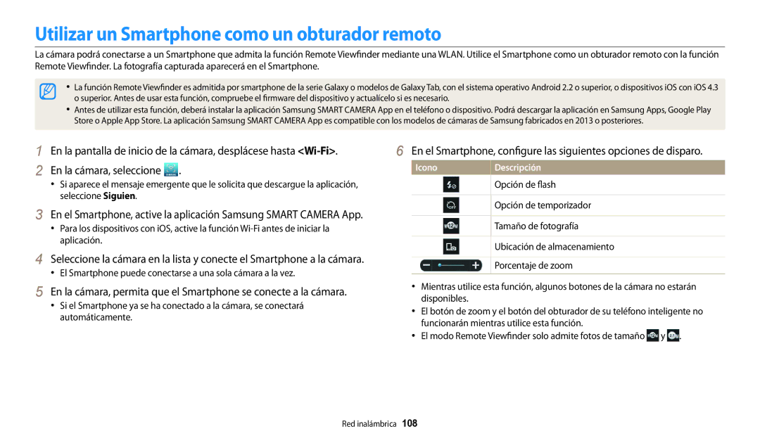 Samsung EC-WB30FZBPWE1 manual Utilizar un Smartphone como un obturador remoto, Opción de flash, Opción de temporizador 