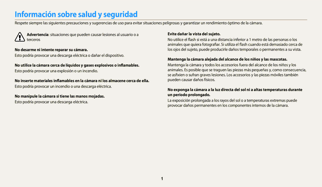 Samsung EC-WB30FZBPRE1, EC-WB30FZBPBE1 manual Información sobre salud y seguridad, No desarme ni intente reparar su cámara 