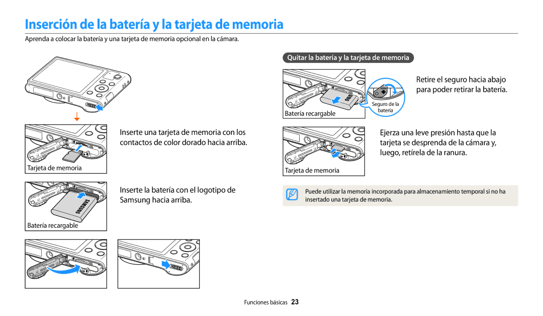 Samsung EC-WB30FZBPBE1 manual Inserción de la batería y la tarjeta de memoria, Quitar la batería y la tarjeta de memoria 