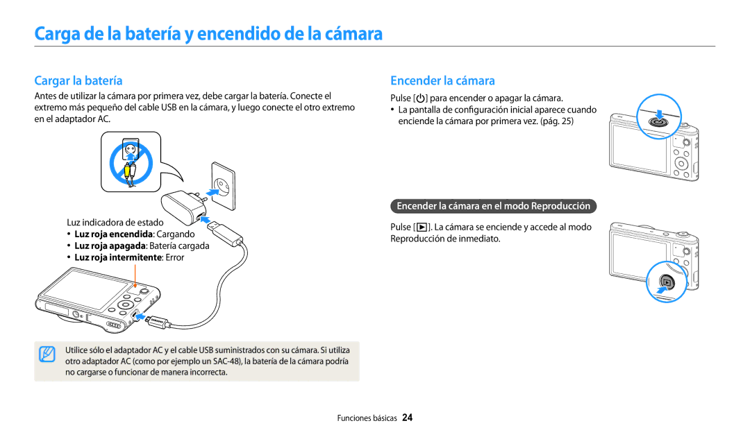 Samsung EC-WB30FZBPWE1, EC-WB30FZBPBE1 Carga de la batería y encendido de la cámara, Cargar la batería, Encender la cámara 