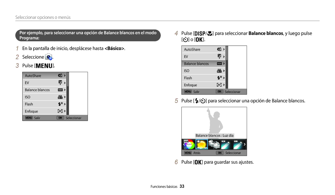 Samsung EC-WB31FZBPBE1 Para seleccionar Balance blancos, y luego pulse, Para seleccionar una opción de Balance blancos 